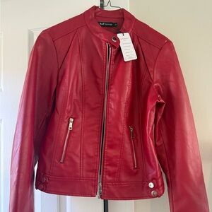 Women’s Red Faux Leather Biker Coat Size Small NEW EB1